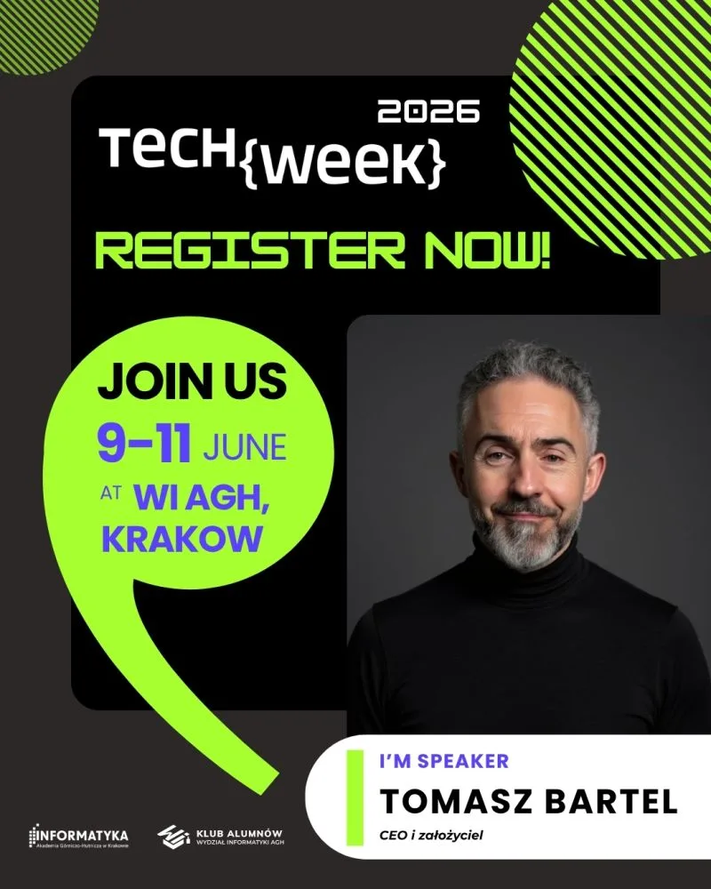 Grafika prelegenta Tech Week 2026 z Tomaszem Bartlem, CEO i założycielem Vigil Guard, 9 do 11 czerwca na WI AGH w Krakowie